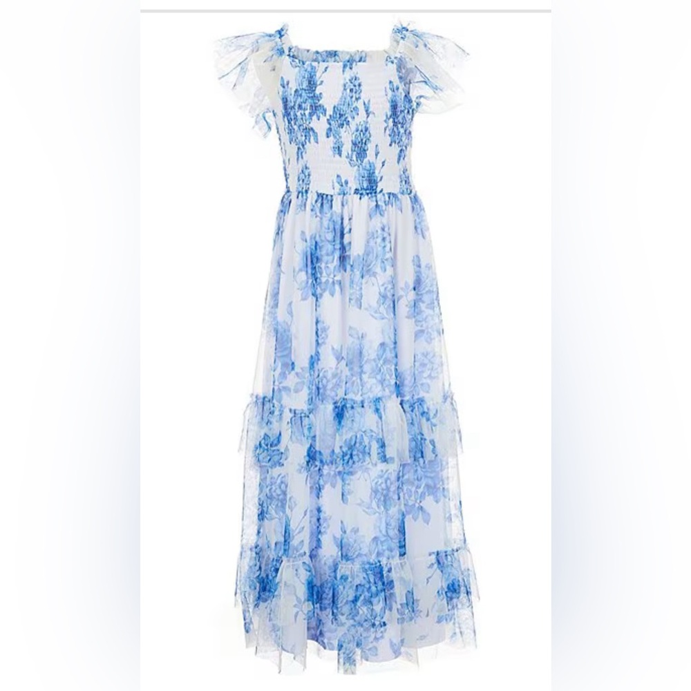 Rare Editions Dress Girls Size 14 Blue & White Floral Long Excellent Condition!